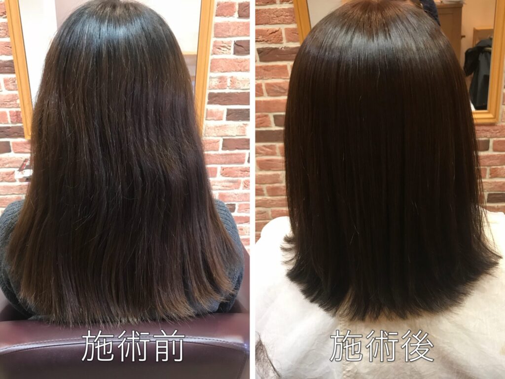 福岡 縮毛矯正 ビフォーアフター ミディアム 自然な丸みストレート